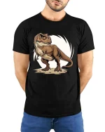 T-Rex Dinosaur T-Shirt Cool Jurassic Dino Graphic Tee - model wearing black tee with hands behind back
