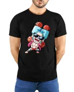 Funny Boxer Cartoon T-Shirt Cool Fighting Character Tee - model wearing black tee with hands behind back