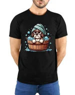 Grumpy Dog Bath T-Shirt Funny Cute Puppy Bath Time Tee - model wearing black tee with hands behind back