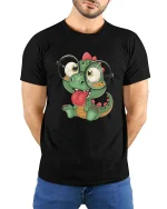 Cute Dinosaur With Glasses T-Shirt Funny Dino Cartoon Tee - model wearing black tee with hands behind back