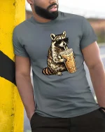 Cool Raccoon Iced Coffee T-Shirt Funny Animal Drink Tee - model wearing grey tee, leaning on column