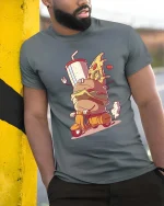 Funny Fast Food Scooter T-Shirt Burger Pizza Cartoon Tee - model wearing grey tee, leaning on column