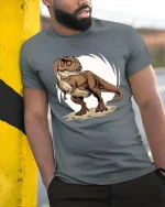 T-Rex Dinosaur T-Shirt Cool Jurassic Dino Graphic Tee - model wearing grey tee, leaning on column
