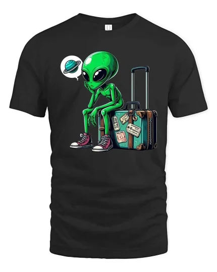 Funny Alien Traveler T-Shirt Cute Space Tourist Graphic Tee - black t-shirt on white background