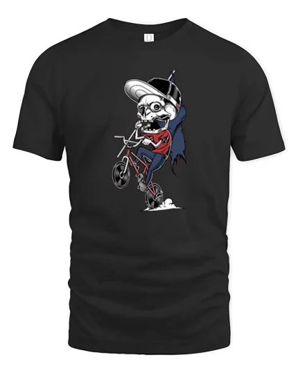 Funny Skeleton BMX Rider T-Shirt Cool Skull Bike Graphic Tee - black t-shirt on white background