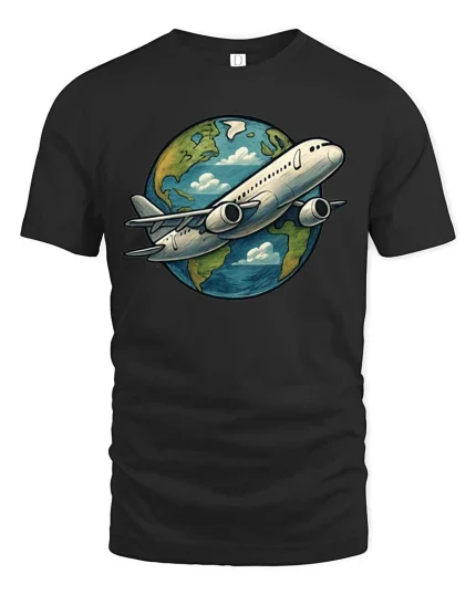 Airplane Around The World T-Shirt Travel Lover Graphic Tee - black t-shirt on white background