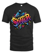 Skater Graffiti T-Shirt Colorful Skateboard Street Art Tee - black t-shirt on white background