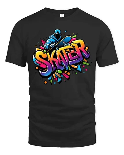 Skater Graffiti T-Shirt Colorful Skateboard Street Art Tee - black t-shirt on white background