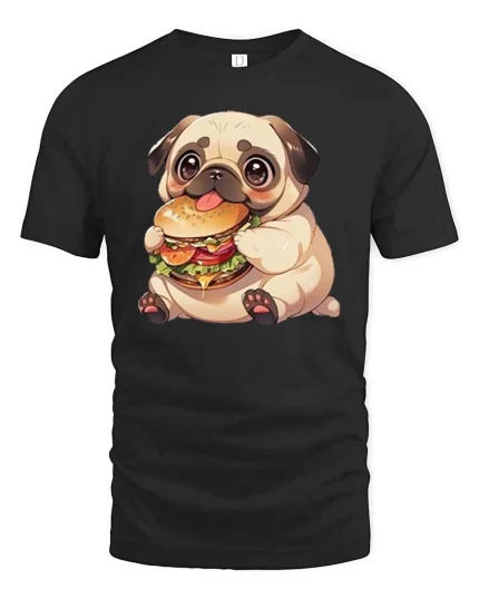 Cute Pug Burger T-Shirt Funny Dog Fast Food Graphic Tee - black t-shirt on white background