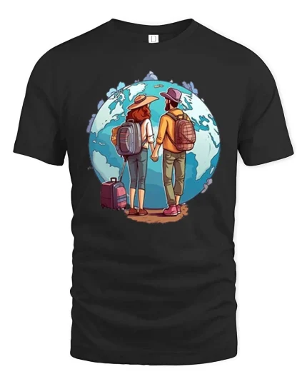 Travel Couple World Adventure T-Shirt Wanderlust Graphic Tee - black t-shirt on white background