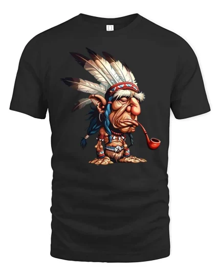 Funny Tribal Chief Cartoon T-Shirt Vintage Humor Graphic Tee - black t-shirt on white background
