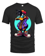 Cool Hip Hop Duck T-Shirt Streetwear Cartoon Graphic Tee - black t-shirt on white background