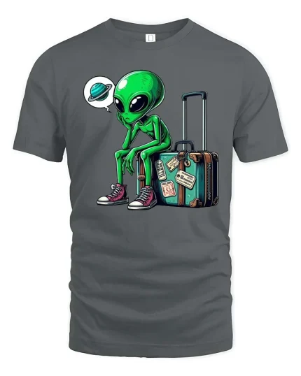Funny Alien Traveler T-Shirt Cute Space Tourist Graphic Tee - gray t-shirt on white background