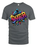 Skater Graffiti T-Shirt Colorful Skateboard Street Art Tee - gray t-shirt on white background
