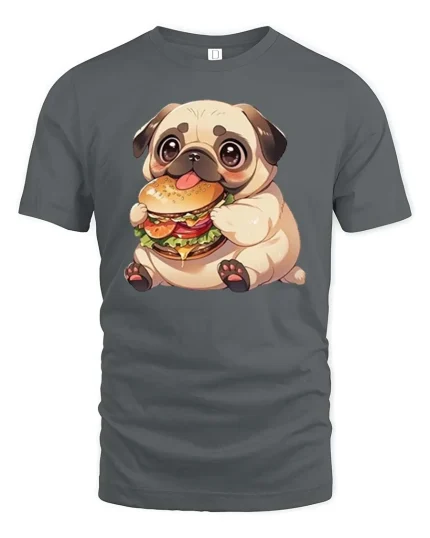 Cute Pug Burger T-Shirt Funny Dog Fast Food Graphic Tee - gray t-shirt on white background