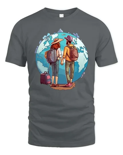 Travel Couple World Adventure T-Shirt Wanderlust Graphic Tee - gray t-shirt on white background
