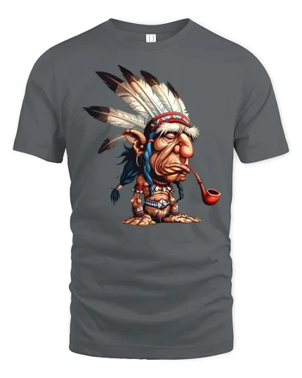 Funny Tribal Chief Cartoon T-Shirt Vintage Humor Graphic Tee - gray t-shirt on white background