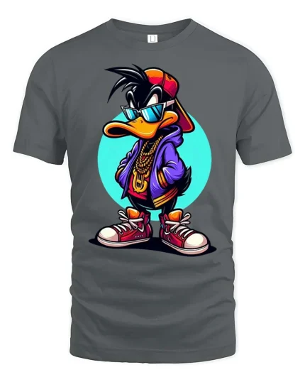 Cool Hip Hop Duck T-Shirt Streetwear Cartoon Graphic Tee - gray t-shirt on white background