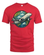 Airplane Around The World T-Shirt Travel Lover Graphic Tee - red t-shirt on white background