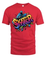 Skater Graffiti T-Shirt Colorful Skateboard Street Art Tee - red t-shirt on white background