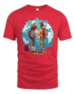 Travel Couple World Adventure T-Shirt Wanderlust Graphic Tee - red t-shirt on white background