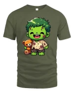 Cute Zombie Kid T-Shirt Funny Halloween Cartoon Graphic Tee - military green t-shirt on white background