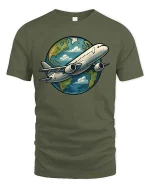 Airplane Around The World T-Shirt Travel Lover Graphic Tee - military green t-shirt on white background