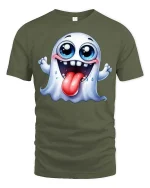 Funny Cute Ghost T-Shirt Silly Halloween Cartoon Graphic Tee - military green t-shirt on white background