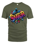 Skater Graffiti T-Shirt Colorful Skateboard Street Art Tee - military green t-shirt on white background