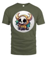 Cute Demon Skull T-Shirt Kawaii Halloween Cartoon Graphic Tee - military green t-shirt on white background