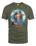 Travel Couple World Adventure T-Shirt Wanderlust Graphic Tee - military green t-shirt on white background