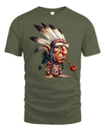 Funny Tribal Chief Cartoon T-Shirt Vintage Humor Graphic Tee - military green t-shirt on white background