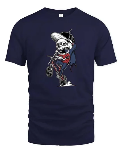 Funny Skeleton BMX Rider T-Shirt Cool Skull Bike Graphic Tee - navy t-shirt on white background