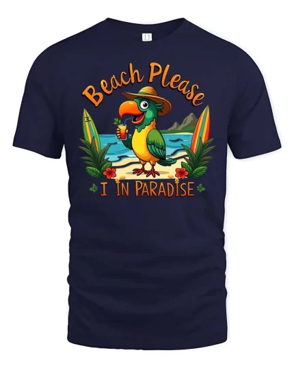 Beach Please Parrot T-Shirt Funny Tropical Vacation Tee - navy t-shirt on white background