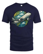 Airplane Around The World T-Shirt Travel Lover Graphic Tee - navy t-shirt on white background