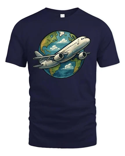 Airplane Around The World T-Shirt Travel Lover Graphic Tee - navy t-shirt on white background