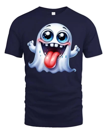 Funny Cute Ghost T-Shirt Silly Halloween Cartoon Graphic Tee - navy t-shirt on white background