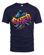 Skater Graffiti T-Shirt Colorful Skateboard Street Art Tee - navy t-shirt on white background