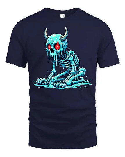 Melting Demon Skull T-Shirt Creepy Horror Skeleton Graphic - navy t-shirt on white background