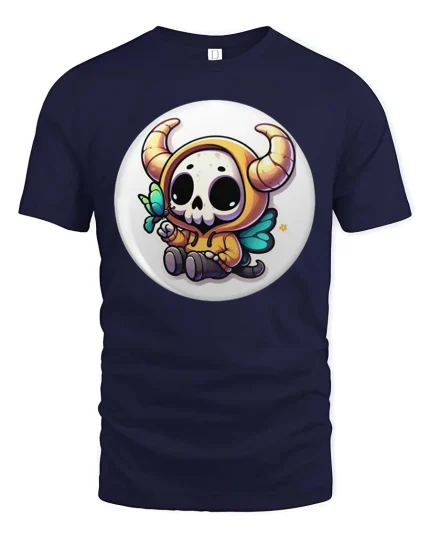 Cute Demon Skull T-Shirt Kawaii Halloween Cartoon Graphic Tee - navy t-shirt on white background