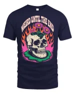 Weird Until The End Skull T-Shirt Retro Gothic Graphic Tee - navy t-shirt on white background