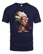 Funny Tribal Chief Cartoon T-Shirt Vintage Humor Graphic Tee - navy t-shirt on white background