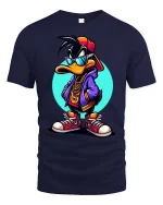 Cool Hip Hop Duck T-Shirt Streetwear Cartoon Graphic Tee - navy t-shirt on white background