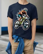 Mountain Bike Rider T-Shirt Cycling Sports Graphic Tee - model wearing navy tee with hands in pockets