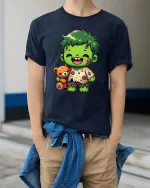 Cute Zombie Kid T-Shirt Funny Halloween Cartoon Graphic Tee - model wearing navy tee with hands in pockets