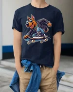 Cool Skateboarding Dog T-Shirt Funny Skater Graphic Tee - model wearing navy tee with hands in pockets