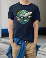 Airplane Around The World T-Shirt Travel Lover Graphic Tee - model wearing navy tee with hands in pockets