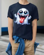 Funny Cute Ghost T-Shirt Silly Halloween Cartoon Graphic Tee - model wearing navy tee with hands in pockets