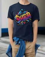 Skater Graffiti T-Shirt Colorful Skateboard Street Art Tee - model wearing navy tee with hands in pockets
