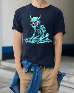 Melting Demon Skull T-Shirt Creepy Horror Skeleton Graphic - model wearing navy tee with hands in pockets
